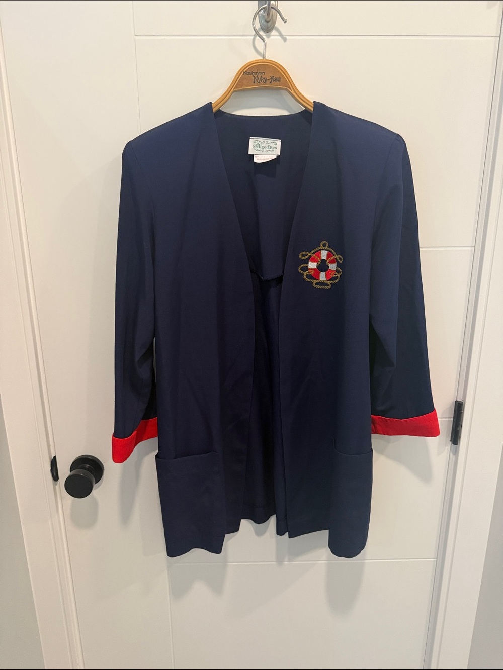 Vintage Nautica Navy Open-Front Blazer with Red Cuff Accents size 11/12